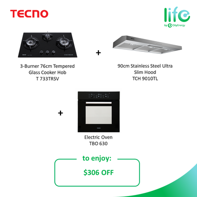 Tecno 3 Burners 76cm Hob + 90cm Ultra Slim Hood &Oven